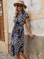 2024 Summer New Fashion Clothing Women's Elegant And Casual V-neck Short Sleeved Stripe Belt Comfortable Dress. 