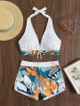 Halter Bikini Set Short Swimsuit Women High Waist Swimwear Female Printed Bathers Swimming Bathing Swim Suit Beachwear.