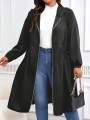 Plus Size Solid Drawstring Zip Up Hooded Coat, Casual Long Sleeve Pocket Outerwear for Fall & Winter, Women's Clothes for Daily. 