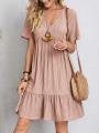 Women Elegant Short Sleeve V Neck Ruffles Dress Summer Casual Solid Loose Mini Dress Chic Bohemian Sundress Beach Party Vestidos. 