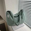 Women’s Corduroy Shoulder Bag, Casual Striped Large Capacity Tote with Zipper Closure, Cute Hat Patch, Perfect for Everyday Use. 