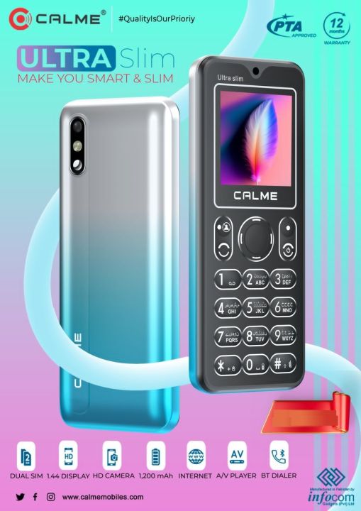 Calme Ultra Slim - 1.44 inch HD Display - Dual Sim - PTA APPROVED - 1200mAH Battery - Auto call recording - Wireless Fm radio - 1000 Contacts Memory - Bluetooth Dialer - Audio & video player - memory card supported upto 32GB -1 year brand warranty
