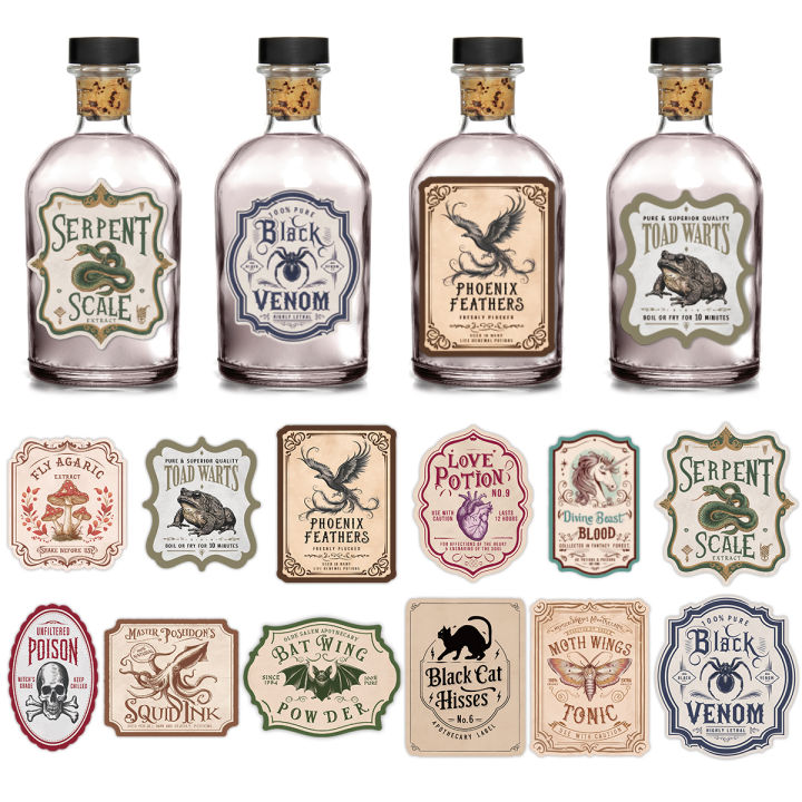 12pcs Irregular Halloween Potion Wine Bottle Labels,Apothecary Stickers For Spooky Party,Ideal For Haunted House Bar Decor