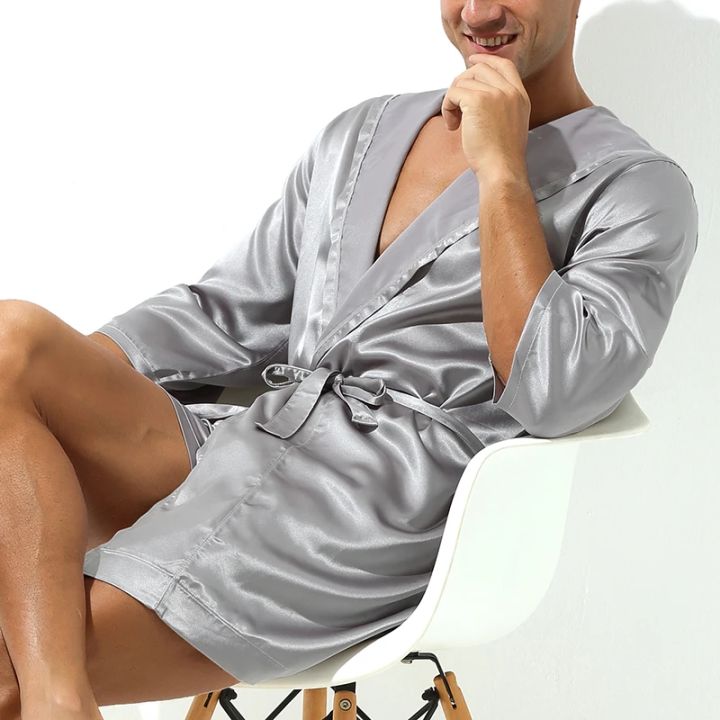 Men Bathrobes Summer Short Sleeve Homewear Silk Pajamas Bathrobe Mens Robes Sleepwear
