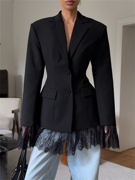 Women's%20New%20Fashion%20Black%20Fitted%20Blazer%20Solid%20Color%20Jacket%20with%20Lace%20Details%20Commuter%20Long%20Sleeve%20Top%20-%20Image%204