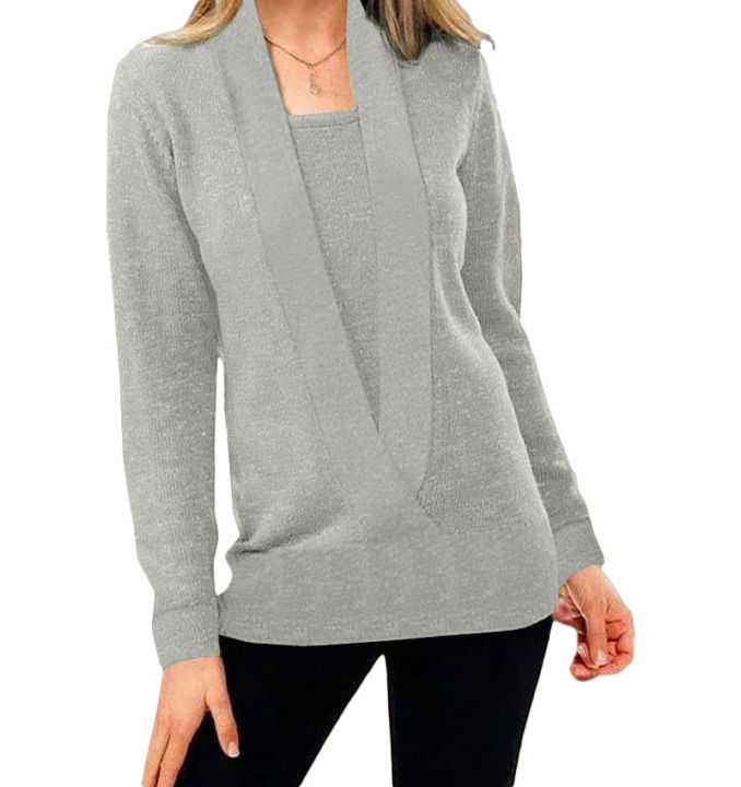 2024%20new%20knitted%20pure%20color%20deep%20V-neck%20long-sleeved%20fake%20two-piece%20sweater%20women's%20jacket%20-%20Image%203