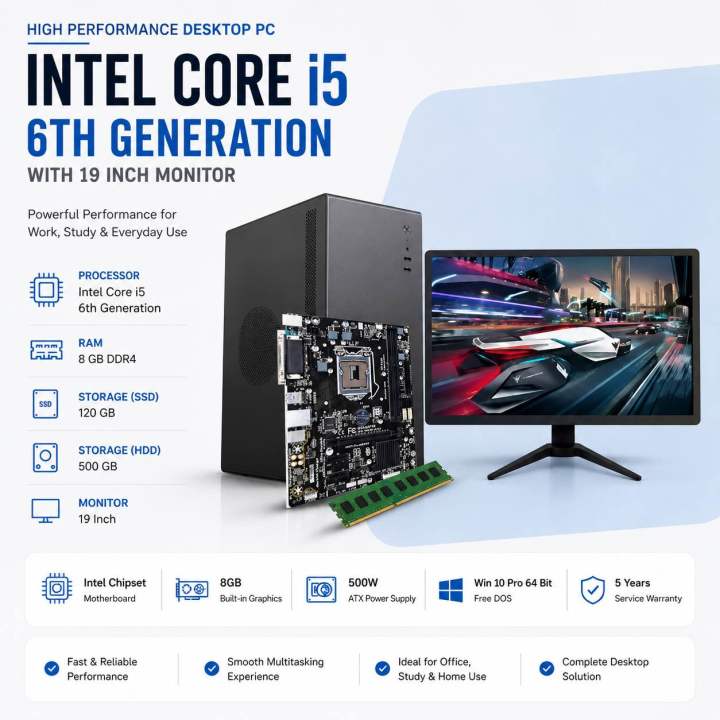 Intel Core i5 6th Generation RAM 8GB SSD 120GB OR HDD 500GB Graphics 2GB Built in Gaming PC Win 10 64 Bit And 'Monitor 19 inch' Full NEW Desktop Computer Set