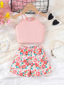 2PCS Summer Children Girl Lovely Clothes Set Pink Sling Short Sleeveless Top+Flower Shorts Daily Casual Wear Kids Girl 4-7 Years. 