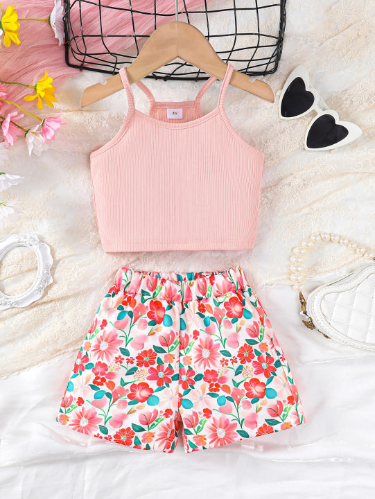 2PCS%20Summer%20Children%20Girl%20Lovely%20Clothes%20Set%20Pink%20Sling%20Short%20Sleeveless%20Top+Flower%20Shorts%20Daily%20Casual%20Wear%20Kids%20Girl%204-7%20Years%20-%20Image%202