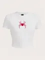 Simple Red Spider Prints Crop T-Shirt Street Cropped Navel Women Short Sleeve Comfortable Breathable Stretch Soft Female Clothes. 