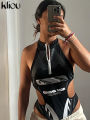 kliou Summer Women Mini Moto & Biker Milk Silk Bodysuit K24K45261 Girl Halter Backless Lace Up Tops Cool All-Match One Piece. 