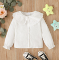 Kids Girl 1-6Y Button T Shirt Hollow Lace Collar White Long Sleeved Lovely Korean Version Top Autumn Toddler Girl Clothes.