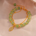 Chinese Style Green Jade Bracelet For Women Exquisite Gold Color Leaves Wrist Strap Bangle Double Chain Bracelet K.