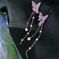 Korean White Crystal Butterfly Drop Earring For Women New Fashion Imitation Tassel Chain Rhinestone Earring Jewelry Gift.