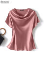 ZANZEA Summer Fashion Satin Blouse Women Short Sleeve Solid Shirt Female Casual OL Work Tunic Tops Elegant Loose Blsuas Oversize. 