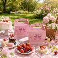 12/24pcs Pink Bow Kraft Paper Box Handheld Kids Packaging Cake Candy Biscuits Storage Baking Birthday Party Favor.