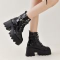 2024 Platform Thick Gothic Boots Lady Buckle Autumn Shoes Women Wedges Knee High Boots Punk Street Motorcycle Chain.