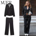 MUJER 2025 Denim Women's Pants Sets Button up Shirt Two Piece Outfits Woman High Waist Women's Trousers Suits Spring Lady Sets. 