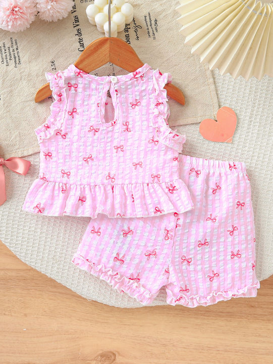 2pcs%20Summer%20Baby%20Girls%20Pink%20Gingham%20Bow%20Print%20Set,%20Ruffle%20Sleeveless%20Top%20+%20Shorts,%20Sweet%20Style,%20Daily/Outdoor%20Wear,%200-36M,%20Breat%20-%20Image%202