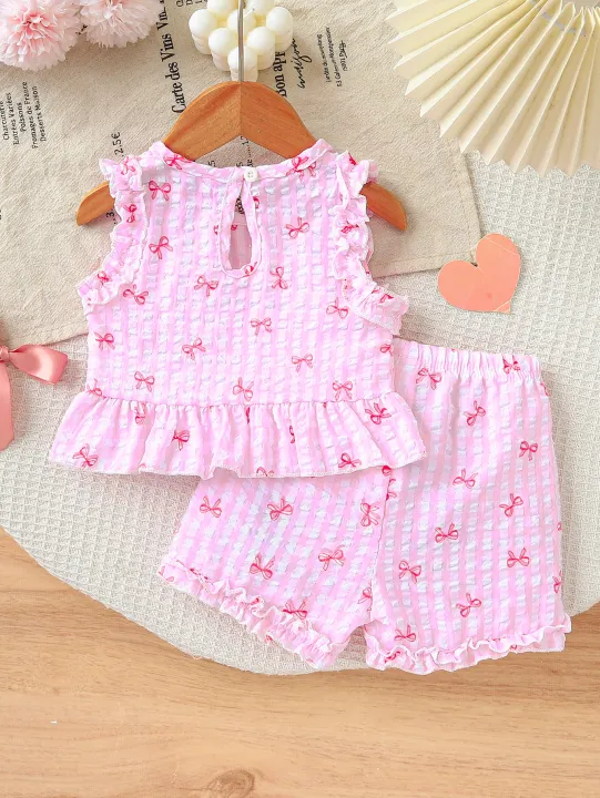 2pcs%20Summer%20Baby%20Girls%20Pink%20Gingham%20Bow%20Print%20Set,%20Ruffle%20Sleeveless%20Top%20+%20Shorts,%20Sweet%20Style,%20Daily/Outdoor%20Wear,%200-36M,%20Breat%20-%20Image%202