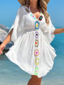 Crochet V Neck White Cover-Up Dress Beach Dress Cover-Ups Swimsuit Summer Bathing Suit Woman Summer Tunic Saida Praia Beachwear. 