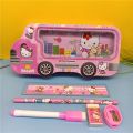 Parteet® New Multicolour Cartoon Printed Van Shape Matal Pencil Box with Accessoriess for Kids (Pink). 