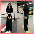2 PCs set black shirt collar short sleeve with long pants set leisure chic simple. 