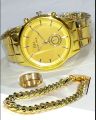 PACK OF 3/MEN'S FASHION WEDDING DEAL -FASHION HIGH QUALITY GOLDEN LUXURIES STAINLESS STEEL ROUND DIAL WITH STAINLESS STEEL STRAPS WATCH WITH GOLDEN CHAIN BRACLET WITH TITANIUM STAINLESS STEEL GOLDEN RING FOR MEN AND BOYS. 