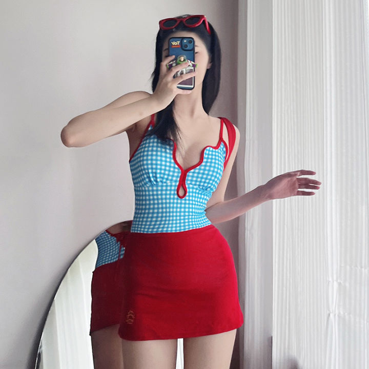 Women One Piece Swimwear Style Cute Checkered Open Back Bathing Suit Sweet Simple Swimsuit Summer Beachwear Swimsuit Dress