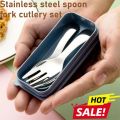 A Pair Stainless Steel Spoon Fork Cutlery Set Harmless Short Handled Round Spoon Fold Portable Dessert Bento Travel Outdoor Camp. 