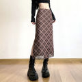 Women Spring Autumn Plaid Print Wrap Hips Skirts Fashion Ankle-Length Slim Pencil Skirts Preppy Style Girls Slit Midiskirt.