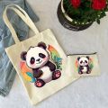 2 Pcs Cute Panda Ladies Handbag Cosmetic Bag Fashion Canvas Shoulder Bag Eco-friendly Large Capacity Shopping Bag Wallet. 