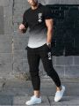 Summer Men's Fashion Gradient Splicing Printed Soft and Breathable Round Neck T-shirt Pants Set Outdoor Casual Clothing.