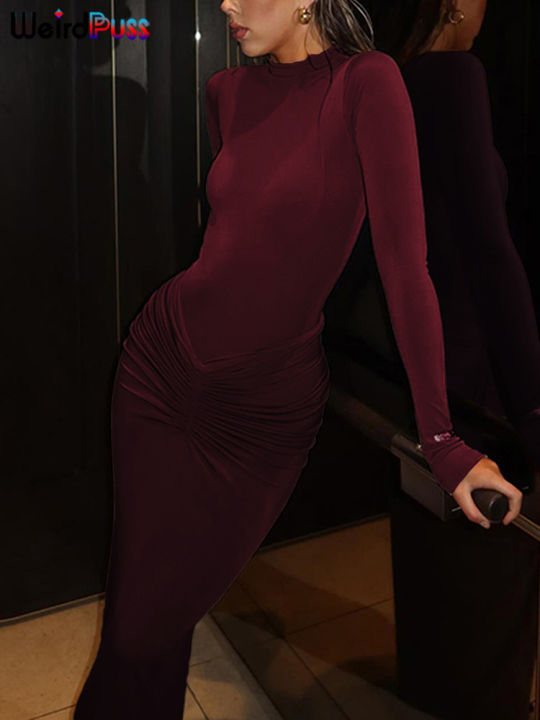 Weird%20Puss%20Hipster%20Ruched%20Dress%20Women%20O-Neck%20Full%20Sleeve%20Skinny%20Stretch%20Robe%20Autumn%20Trend%20Simple%20Classic%20Pleats%20Long%20Bodycon%20-%20Image%206