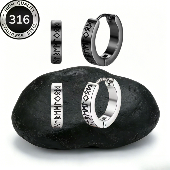 Stainless Steel Norwegian Viking Rune Hoop Earrings For Men Woman Unisex Punk Huggie Round Hoops Religious Earring Clips Jewelry