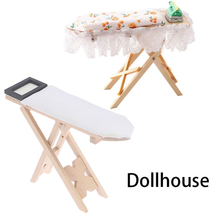 1:12 Dollhouse Miniature Wooden Ironing Board Mini Flat Iron Furniture Model Sewing Life Scene Decor Toy Micro Scene Props