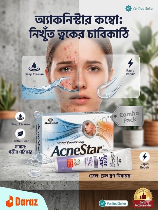 AcneStar Acne Solution Combo Pack - 2.5% Benzoyl Peroxide Soap (75g) & Clindamycin Gel (22g) for Spotless Glow