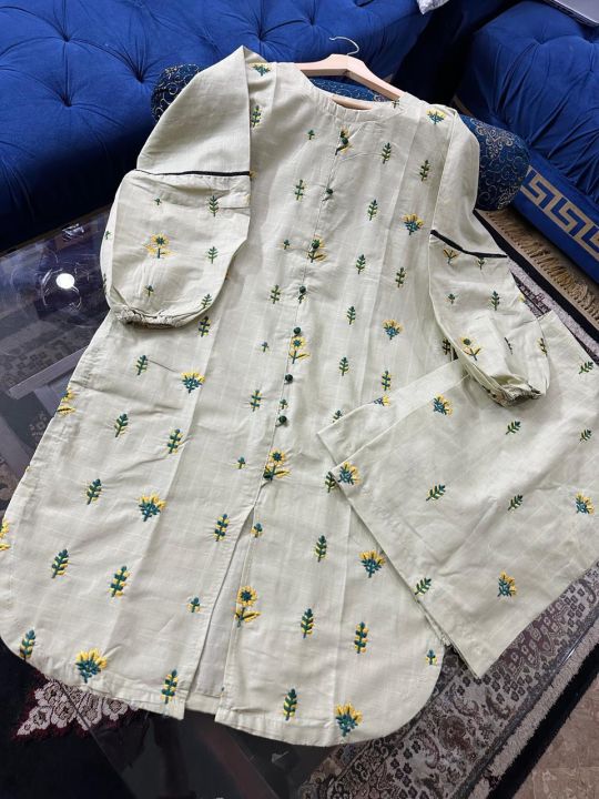 2 pc stitched lawn suit for womens- Dori lawn embroidery shirt - lawn embroidered plazo - available in small medium large size- latest fashion for girls