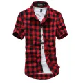 Red And Black Plaid Shirt Men Shirts 2024 New Summer Fashion Chemise Homme Mens Checkered Shirts Short Sleeve Shirt Men Blouse. 