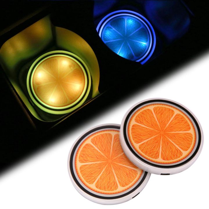 Accarparts LED Cup Holder Lights, Orange Fruit Logo Car Coasters with 7 Colors Changing USB Charging Mat, Luminescent Cup Pad Interior Atmosphere Lamp 2PCS