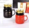King Queen Crown Design Ceramic Mug With Crown Lid, Coffee Cup Gift For Valentines. 