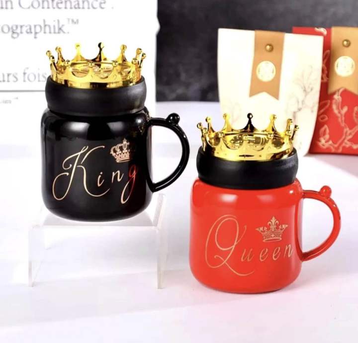 King Queen Crown Design Ceramic Mug With Crown Lid, Coffee Cup Gift For Valentines