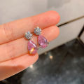 Huitan Temperament Sweet Pink Pear Cubic Zirconia Drop Earrings for Women Exquisite Flower Shape Earrings Gift Statement Jewelry.