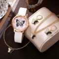 5PCS Set Luxury Watch Women Butterfly Necklace Earrings Bracelet Set Watches Leather Band Ladies Simple Dress Quartz WristWatch.