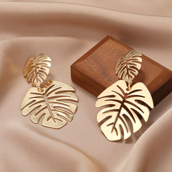 Bohemian Hollow Exaggerated Leaf Dangle Drop Earring For Women Lady Geometric Gold-color Tropical Plant Female Jewelry New