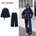 DUOPERI Women Fashion 2 Pieces Sets With Belt Denim  Jackets & Vintage Front Zipper Jeans Trousers Feamle Chic Lady Pants Sets. 