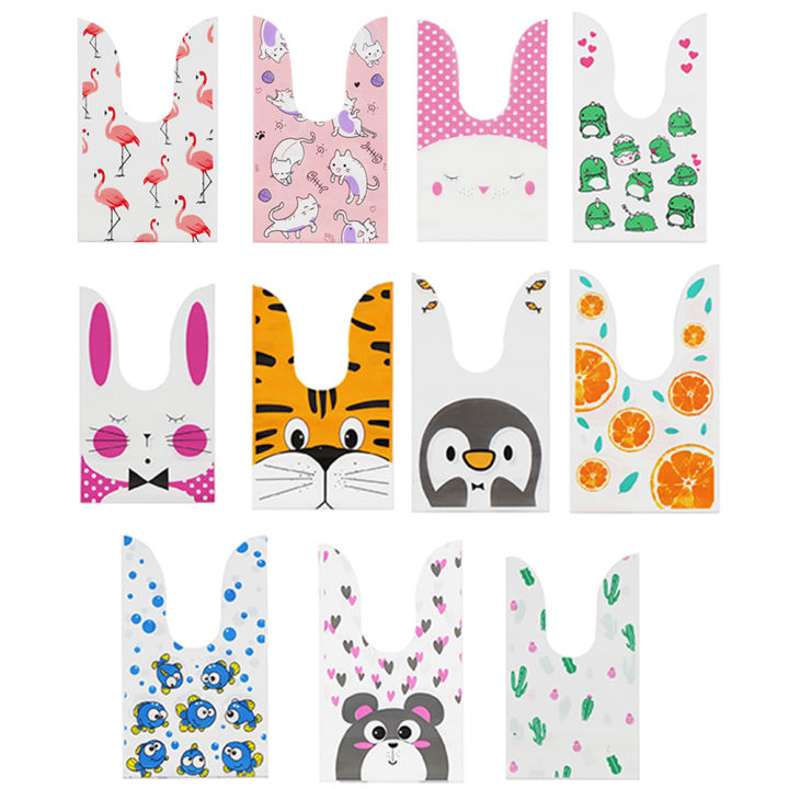 50Pcs Rabbit Plastic Candy Bag Cartoon Animal Cat Bunny Biscuit Cookie ...