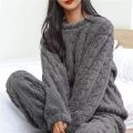 Women's pajamas set Winter Coral Velvet Homewear Fluffy O-neck leisure pajamas Velvet thickened two-piece loungewear set. 