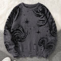 New Trendy Street Style Ripped Abstract Starry Sky Pattern Pullover Sweater Casual Round Neck Knitted Men's Pullover.