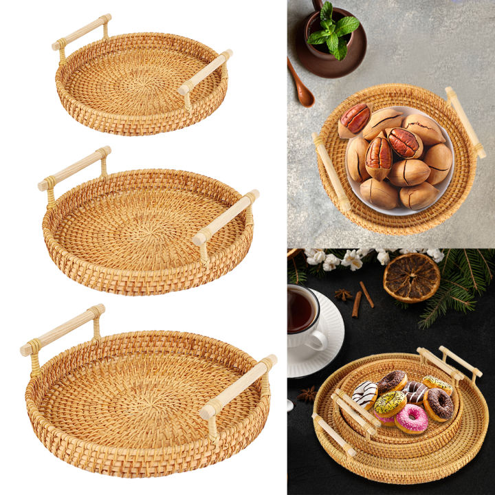 Round Shape With Handle Breakfast Bread Food Plate Fruit Cake Wicker